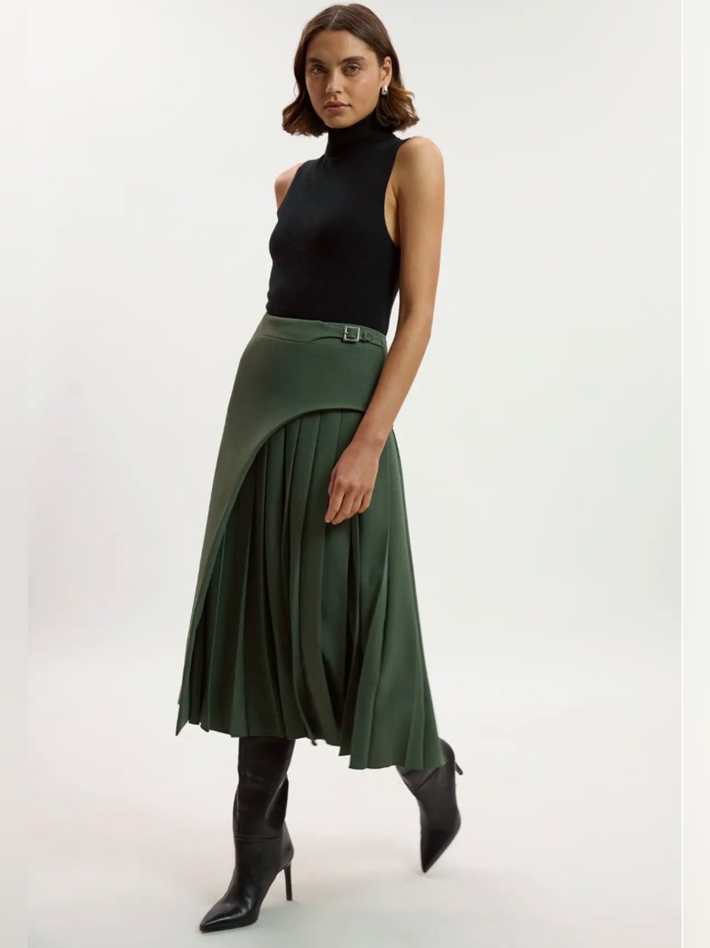 Karen Millen Tailored Buckle Detail Pleated Midi Skirt Wrap green size US 12